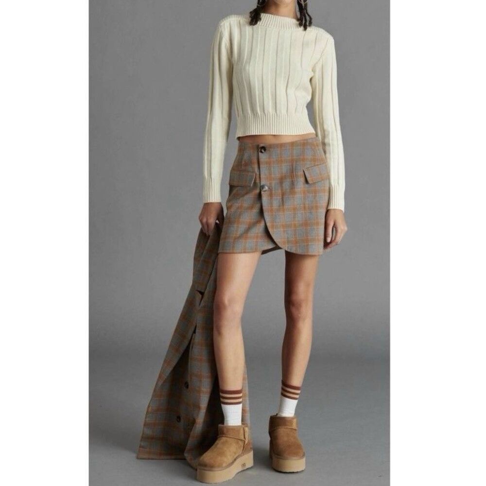 Steve Madden Lark Wrap Mini Skirt Size 2 Grey Orange Plaid Button Preppy NWT